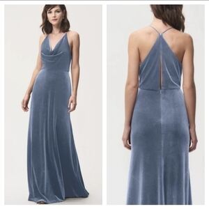 Jenny Yoo Sullivan Dress in Bluestone Stretch Velvet Size 6